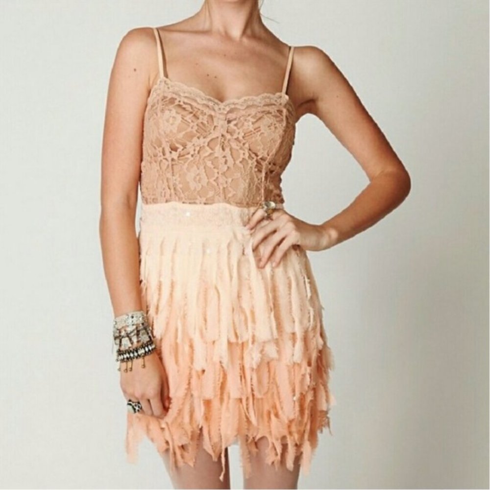 Vintage Free People M Beaded Lace Ombre Feather Tiered Dress Medium